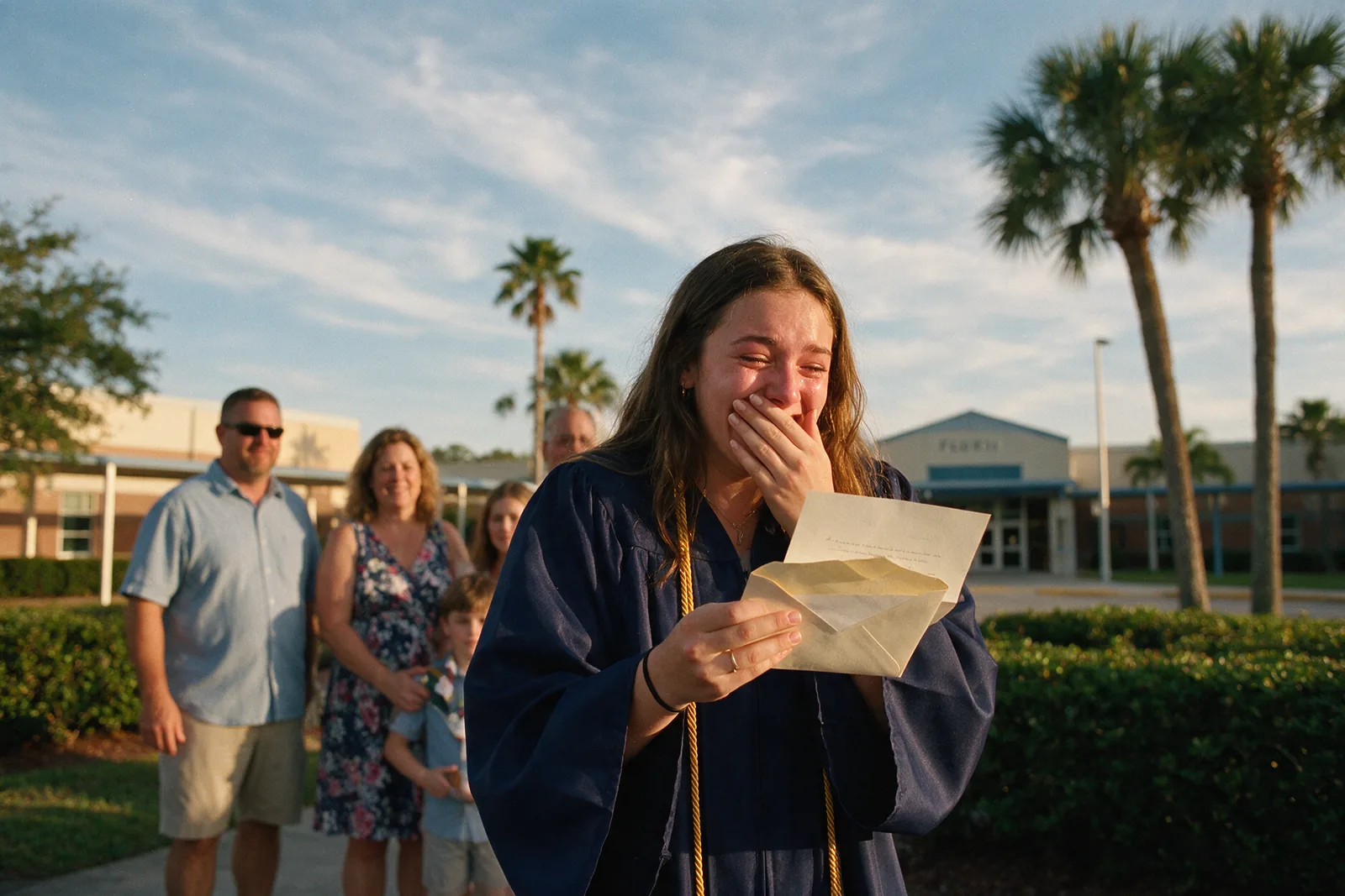 A graduating senior opening an envelope