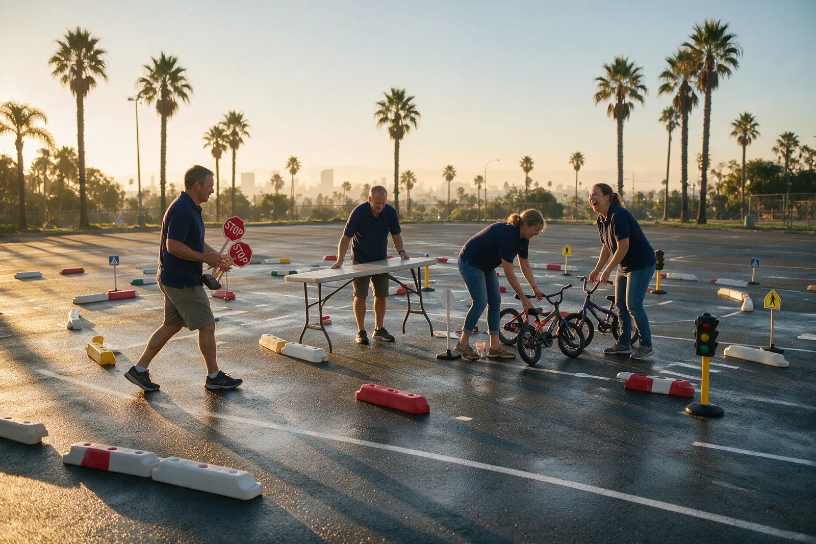Volunteers setting up at sunrise