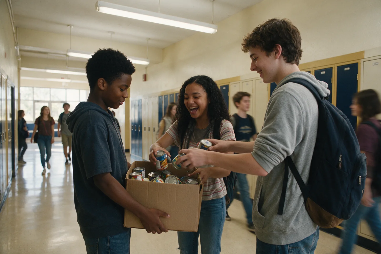 Students sorting canned food