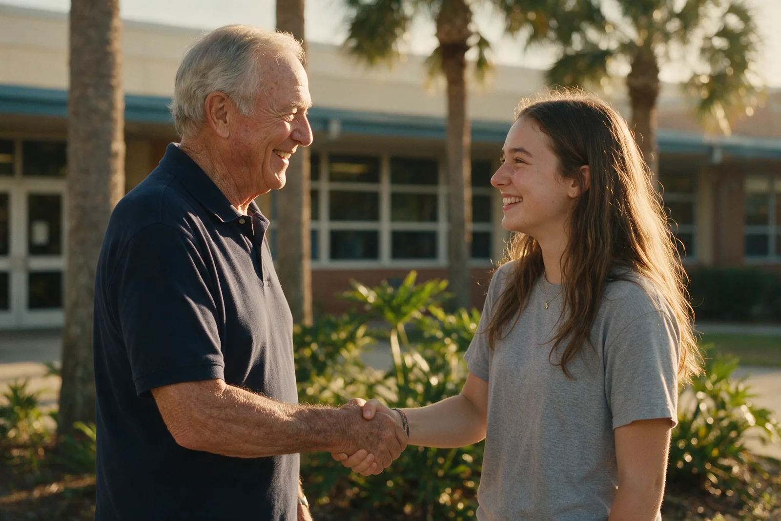 An older club member shaking hands with a graduating student