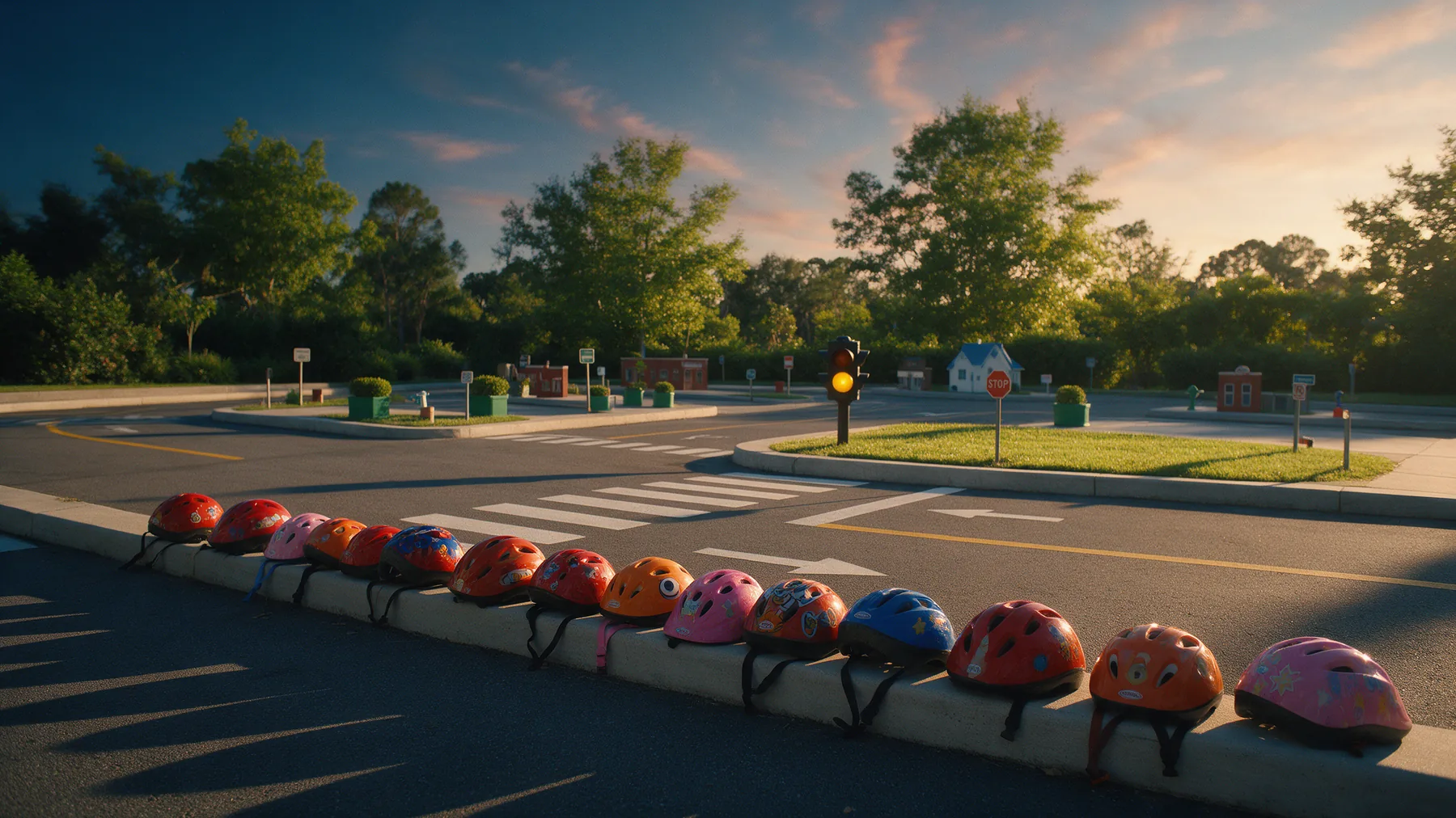 Small bicycle helmets lined up on a curb at sunset